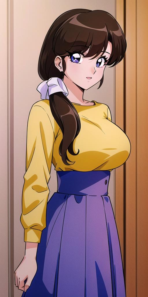 04625-3873519576-, tendou_kasumi, , Yellow_Shirt_blue_high-waist_skirt, standing, solo, large breasts,, masterpiece, best quality, detailed face,.png